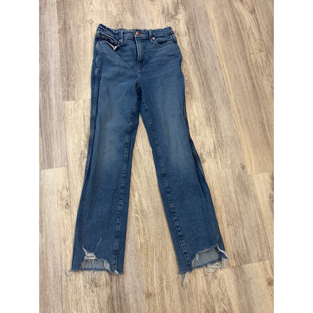 Good‎ American High Rise Straight Leg Blue Jeans Raw Hem Women's Size 2/26